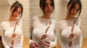 Emily Ratajkowski Shows Gorgeous Braless Boobs & Nipples in Sheer White Top (Vid57qoo1iixr.jpg